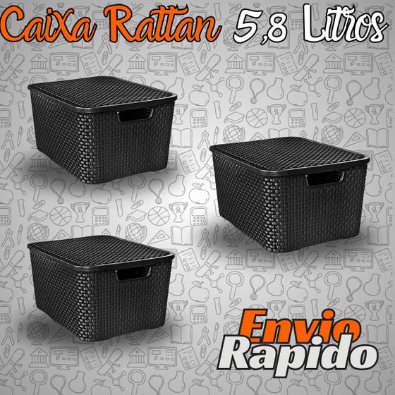 Imagem de Conjunto 3X Caixa Organizadora Rattan 5,8 Litros Grande Com Tampa Kit 3X Organizador Cozinha Sala Quarto Banheiro Jardim Limpeza Decoração