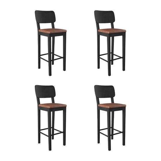 Imagem de Conjunto 4 Banquetas Alta Italia  Preto Base em Madeira Maciça Assento Estofado Marrom 