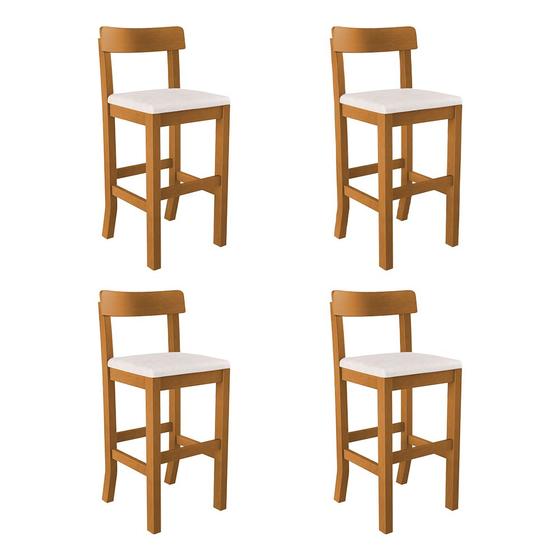 Imagem de Conjunto 4 Banquetas Alta Orlando Mel Base em Madeira Maciça Assento Estofado Branco 