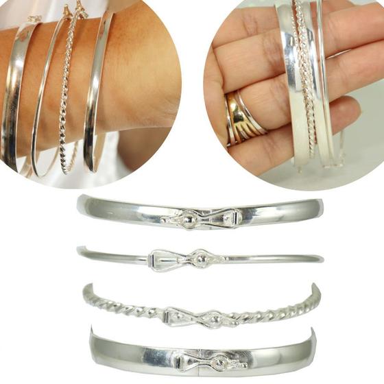 Imagem de Conjunto 4 Bracelete Pulseira Largo Rigido Prata Legitima