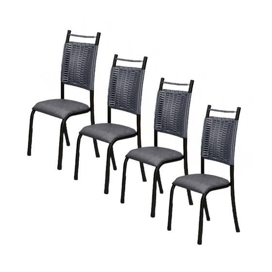 Imagem de Conjunto 4 Cadeiras Chicago de Jantar em Couro Cinza e Rattan com Metal Preto