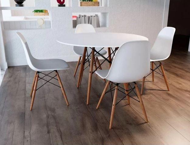 Imagem de Conjunto 4 Cadeiras Eiffel Eames Branca + 1 Mesa Eames 80cm Branca Base Madeira Sala Cozinha