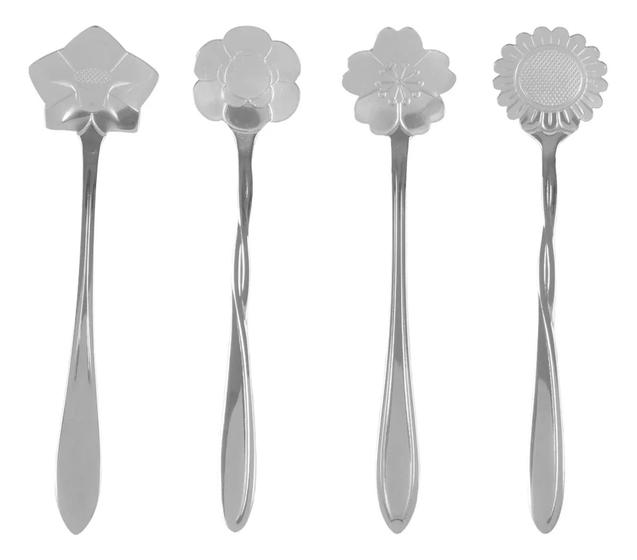 Imagem de Conjunto 4 Colheres de Chá de Aço Inox Flores Prata