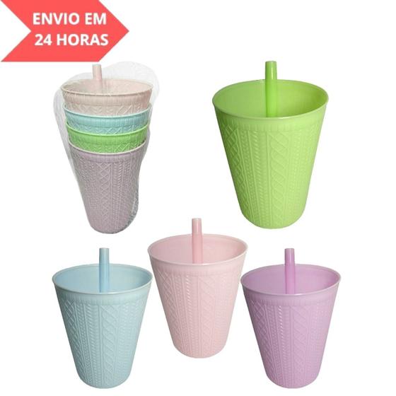 Imagem de Conjunto 4 Copos Coloridos 270ml c/ Canudo