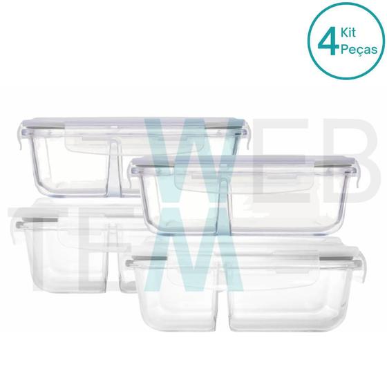 Imagem de Conjunto 4 Potes Herméticos Marmita de Vidro Retangular Com Divisória 700ml e 1010ml: Cozinha Organizada, Sustentabilidade e Alimentos Frescos