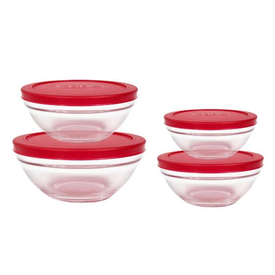 Imagem de Conjunto 4 Potes Vidro Tampa Vermelha 150ml + 200ml + 350ml + 500ml Resistente Redondo