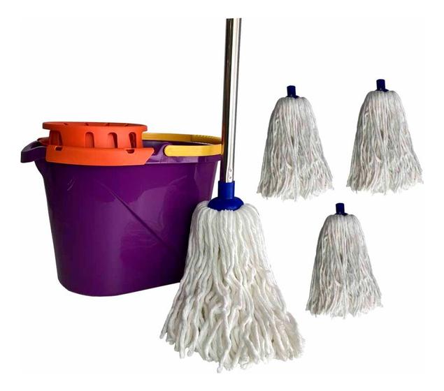 Imagem de Conjunto 4 Refil Mop Com Cabo 1,48mt+ Balde 14lt Espremedor