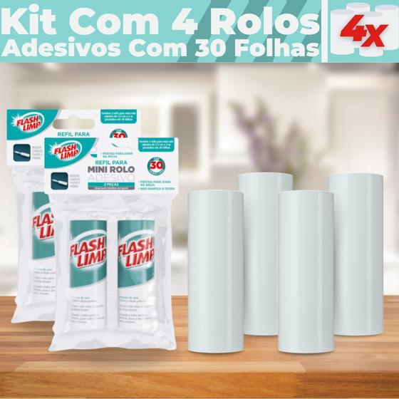 Imagem de Conjunto 4 Refis Mini Rolo Adesivo Tira Pelos 30 Folhas Flash Limp