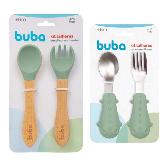 Imagem de Conjunto 4 Talheres Infantil De Bambu Silicone Inox Introdução Alimentar Buba