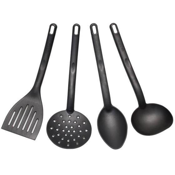 Imagem de Conjunto 4 Utensílios de Cozinha Plástico Preto Colher Concha Escumadeira Espátula