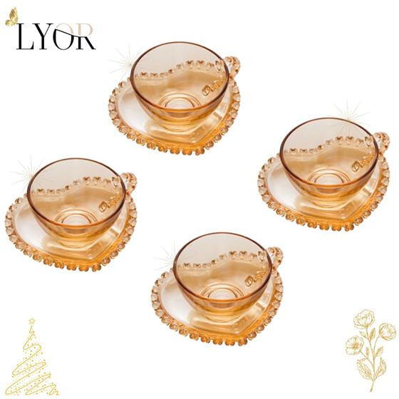 Conjunto 4 Xicaras Cafe Cristal C/pires Coracao Ambar 80ml Utilika