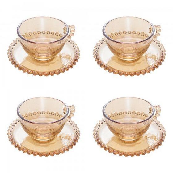 Imagem de Conjunto 4 Xícaras de Chá Cristal com Pires Pearl  Âmbar 180 ML  - WOLFF