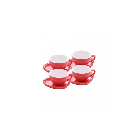 Imagem de Conjunto 4 Xícaras de Chá de Porcelana com Pires Coração Beads Vermelho 210ml - Wolff