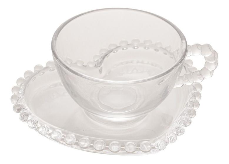 Imagem de Conjunto 4 Xicaras De Cha Linha Pearl Com Pires Coração 180ml Cristal Transparente Wolff