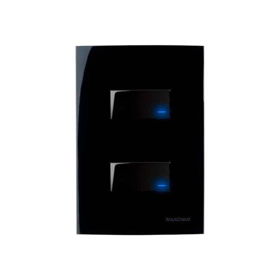 Imagem de Conjunto 4x2 Interruptor Duplo Simples Com Luz Preto Brilhante Margirius EBONY SLEEK