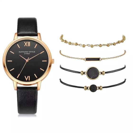 Imagem de Conjunto 5 Peças Relógio Pulseiras Preto V3795