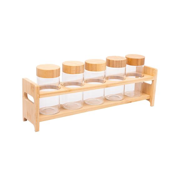 Imagem de Conjunto 5 Porta Temperos de Vidro com Tampa e Suporte Bambu
