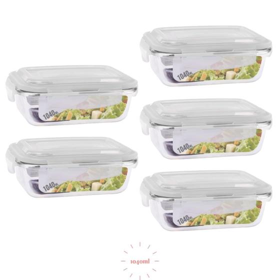 Imagem de Conjunto 5 Pote 1040ml Hermético Vidro Marmita Com 4 Travas
