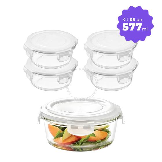 Imagem de Conjunto 5 Potes De Vidro Com Tampa Hermetica Redondo Marmita Empilhável Transparente Alimentos  