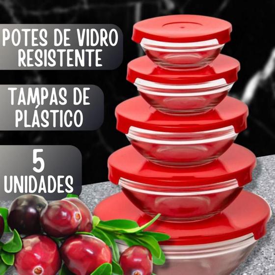 Imagem de Conjunto 5 Potes de Vidro Herméticos Redondo Bowls Tigela Com Tampa Porta Mantimentos Com Vedação Marmita Vasilha