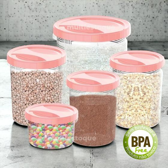 Imagem de Conjunto 5 Potes Redondos para Alimentos com Tampa de Rosca Plástico Atóxico Livre de BPA Organização Cozinha