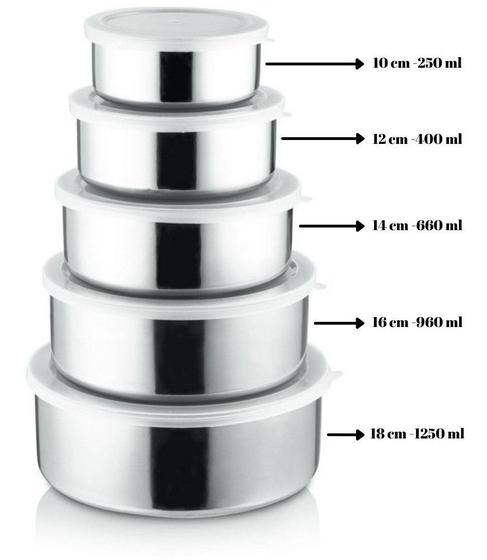 Imagem de Conjunto 5 Potes Tigelas Inox com Tampa Resistente