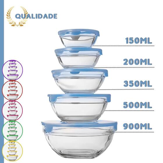 Conjunto 5 Potes Tigelas Vasilhas Bowls Em Vidro Com Tampa - UD Brasil