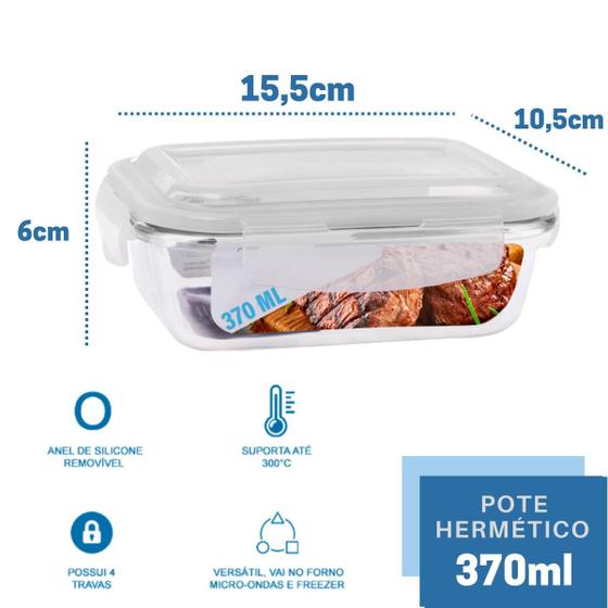 Pote de vidro hermético de 370ml com medidas indicadas: 15,5cm de comprimento, 10,5cm de largura e 6cm de altura.