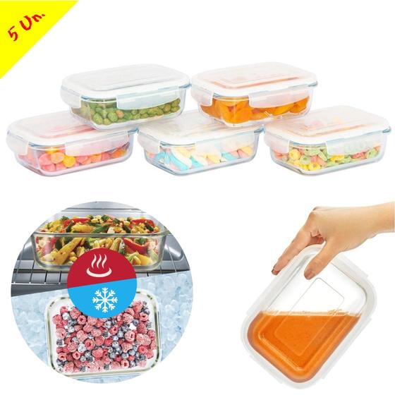 Imagem de Conjunto 5 Potes Vidro Retangular 370Ml Vedação Hermética