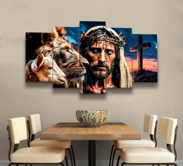 Imagem de Conjunto 5 Quadros cruz jesus ovelha"