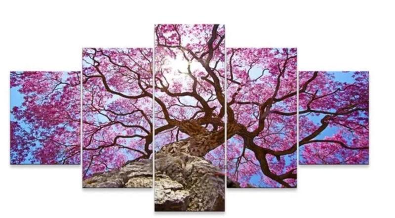 Imagem de Conjunto 5 Quadros Decorativos Arvore Rosa Cerejeira"