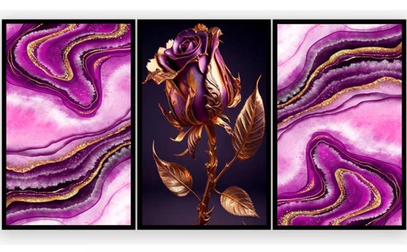 Imagem de Conjunto 5 Quadros Decorativos Flores Abstrata Roxa Mármore"