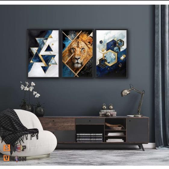Imagem de Conjunto 5 Quadros Decorativos leão abstrato com azul"