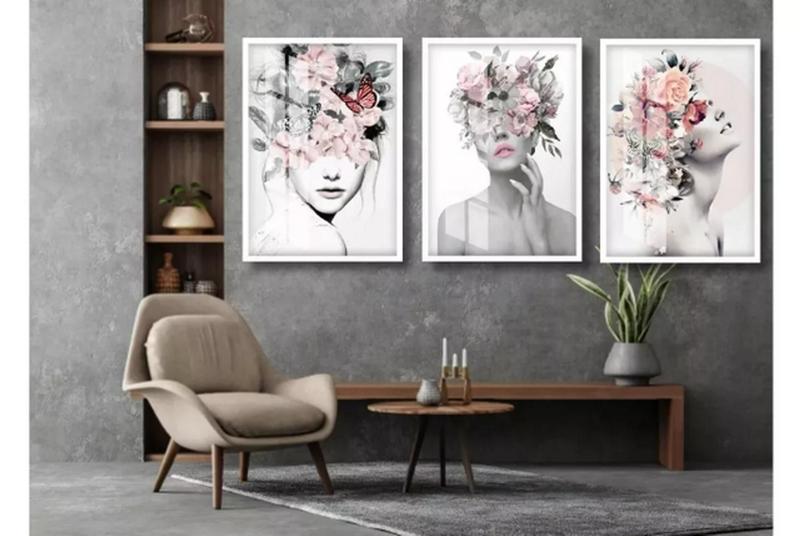 Imagem de Conjunto 5 Quadros Decorativos Quarto Mulher Flores Gigante"