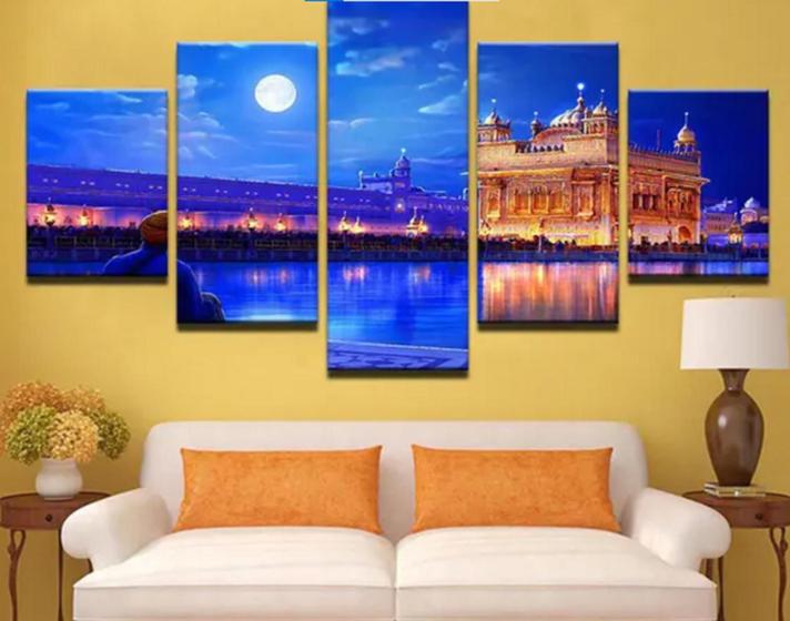 Imagem de Conjunto 5 Quadros Decorativos templo indiano noite azul lua "