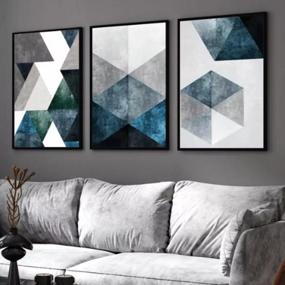 Imagem de Conjunto 5 Quadros Decorativos Tons Azuis E Cinza Lindo Cimento Tendência"