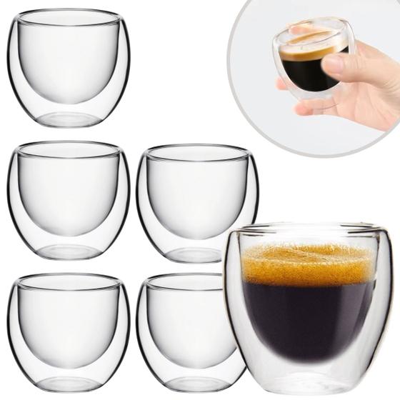 Imagem de Conjunto 6 Copos De Vidro Borossilicato Duplo Parede Dupla Isolante Térmico 80ml Transparente Kit Copo De Café Bebidas Quente E Frias Chá E Drinks