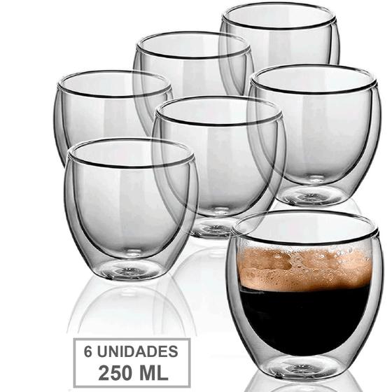 Imagem de Conjunto 6 Copos Duplo de Vidro Parede Dupla 250 ml Café Expresso Cerveja Chopp Chá Kit Com 6 Peças