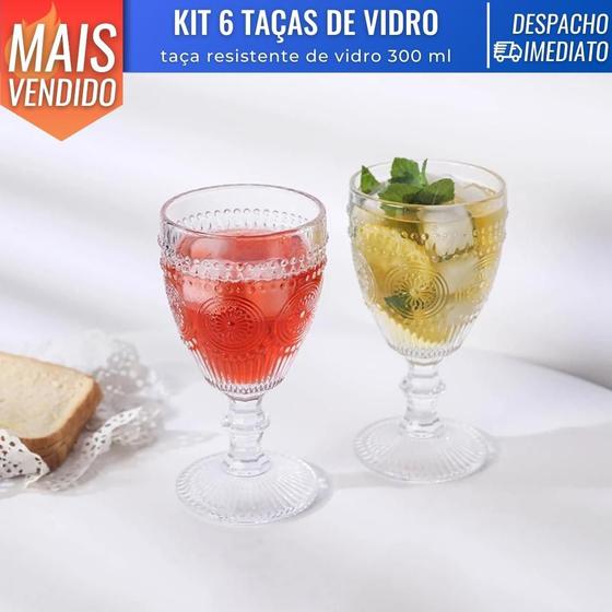 Imagem de Conjunto 6 Taça de Vidro 300ml Cálice Desenhado de Luxo Bebidas Vinho Suco Água