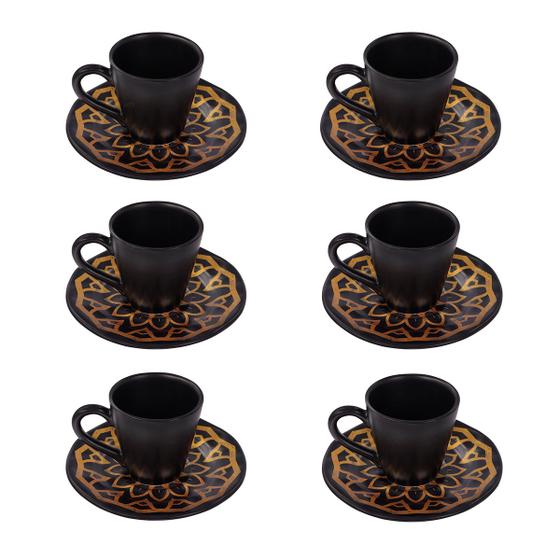 Imagem de Conjunto 6 Xícaras 150ml com Pires Cerâmica Preto Dourado - Wp Connect