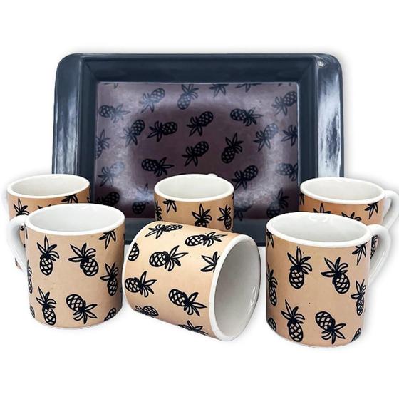 Imagem de Conjunto 6 Xícaras De Café com Bandeja Coffee 85ml Estampa Abacaxi Decoração Cantinho do Café