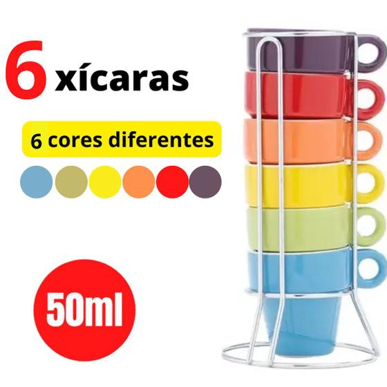 Imagem de Conjunto 6 Xícaras De Cerâmica Coloridas Com Suporte 50ml