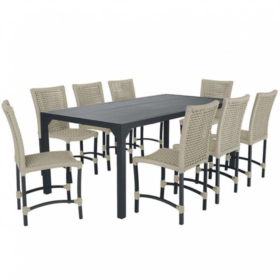Imagem de Conjunto 8 Cadeiras Cannes Corda Náutica e Mesa Retangular Ripada 2,00m em Alumínio para Edícula, Jardim, Área, Varanda, Cozinha - Pintura Preta