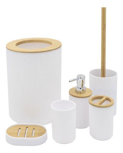 Imagem de Conjunto Acessórios Kit Completo Para Banheiro Bambu C/ Lixeira Saboneteira Escova Sanitaria 6 Peças Cor Branco E Tampa