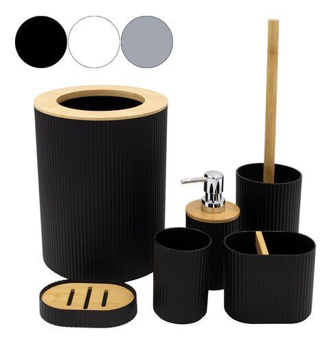 Imagem de Conjunto Acessórios Kit Completo Para Banheiro Bambu C/ Lixeira Saboneteira Escova Sanitaria 6 Peças Cor Branco E Tampa