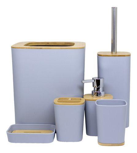 Imagem de Conjunto Acessórios Kit Completo Para Banheiro Bambu C/ Lixeira Saboneteira Escova Sanitaria 6 Peças Cor Branco E Tampa