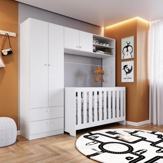 Imagem de Conjunto Aconchego Berço Americano c/Colchão e Guarda Roupa - Branco
