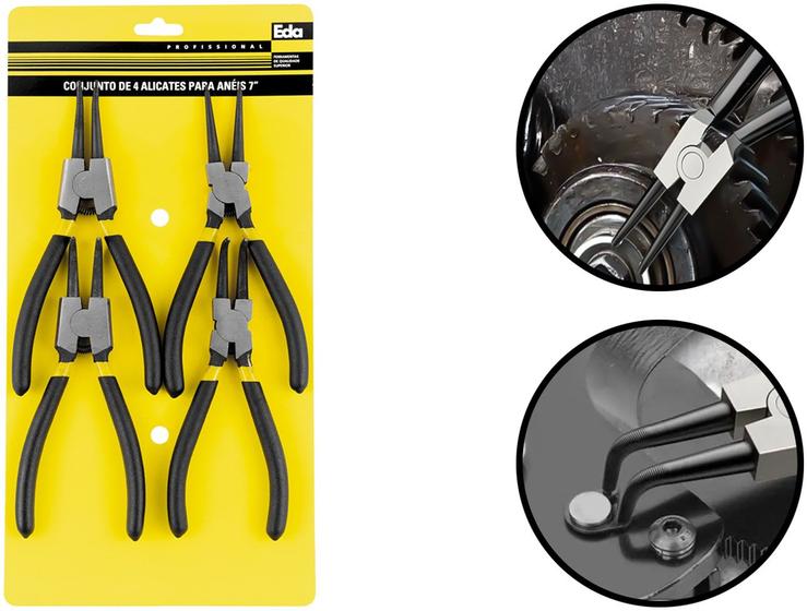 Imagem de Conjunto Alicates Aço Para Trava Anel Interno Externo Bico Reto Curvo Cabo Emborrachado 4 Peças