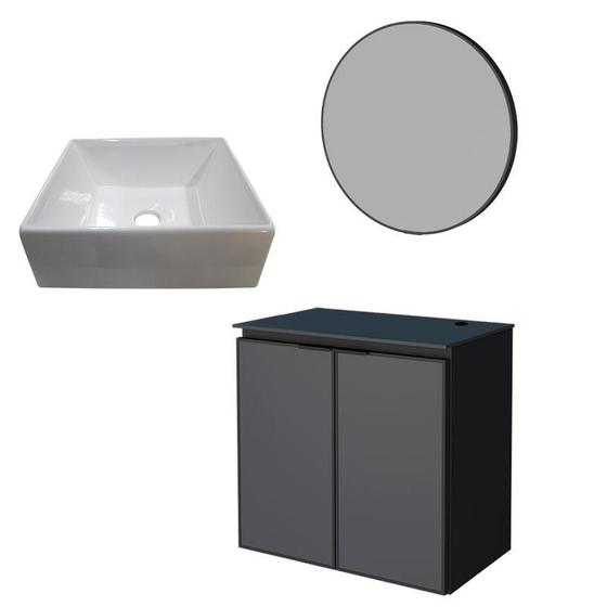 Imagem de Conjunto Banheiro Aço Umbu 60 Preto Com Cuba Prisma e Espelho Luna Cozimax