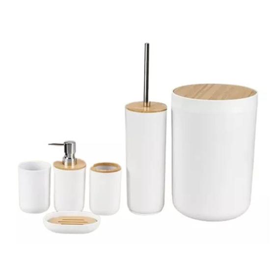Imagem de Conjunto Banheiro Bambu 6 Peças Branco Plasvale Lixeira 6,5l Escova Sanitária Acessórios Lavabo